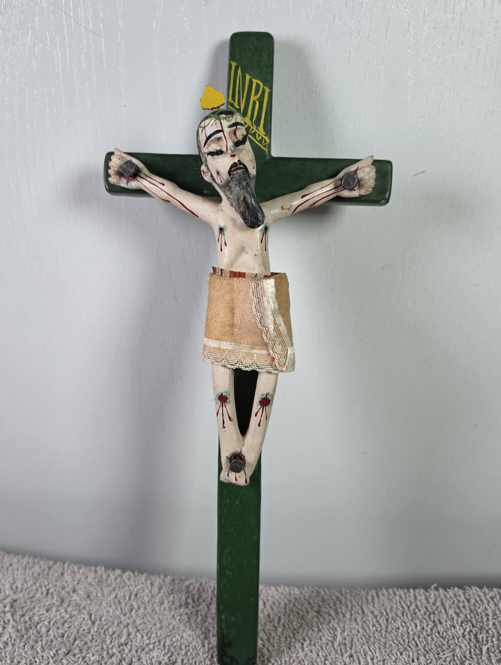Handcrafted Wooden Crucifix with Painted Corpus - Green